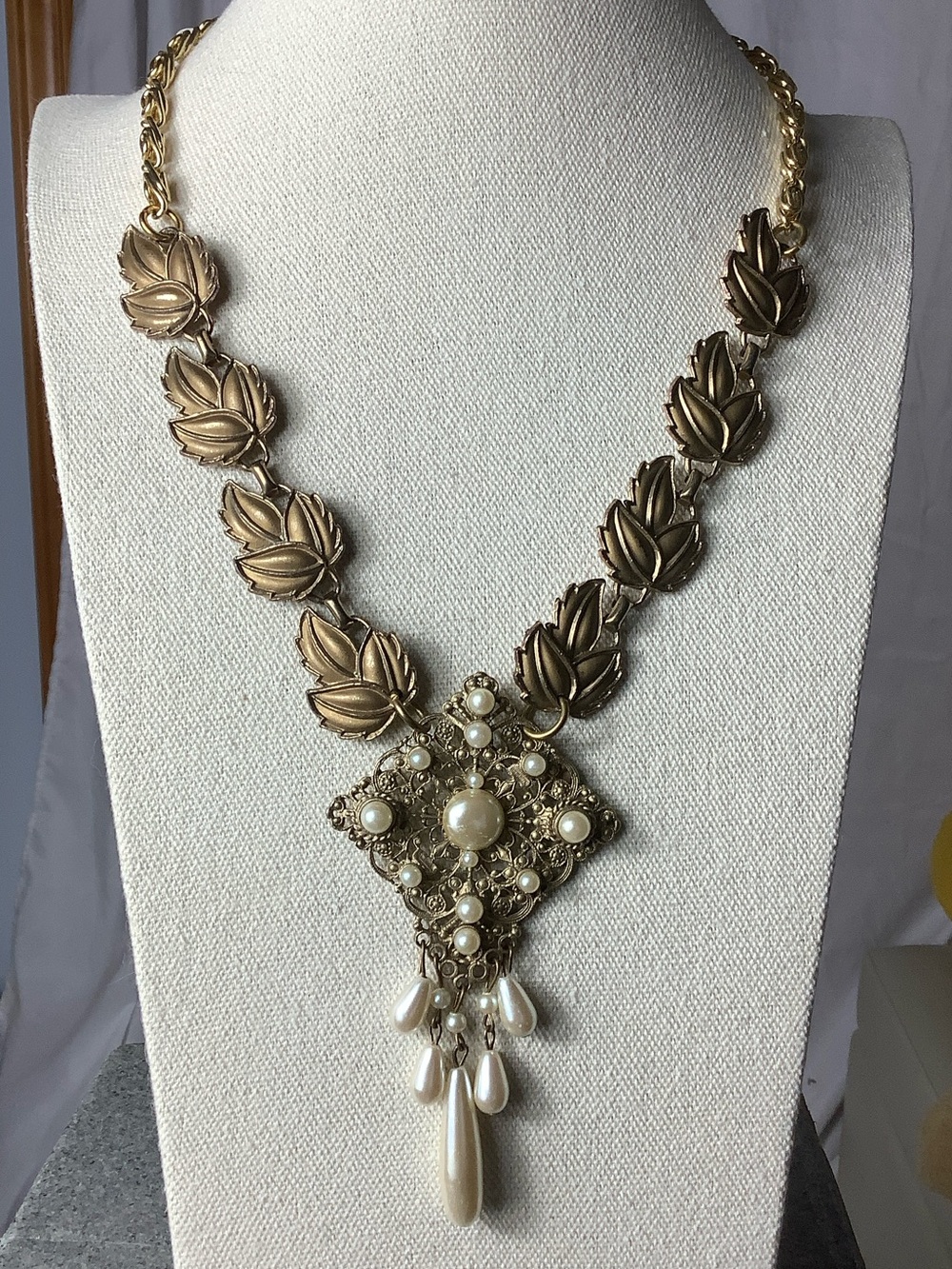 Gold Leaf Statement Necklace with Pearl Drops
